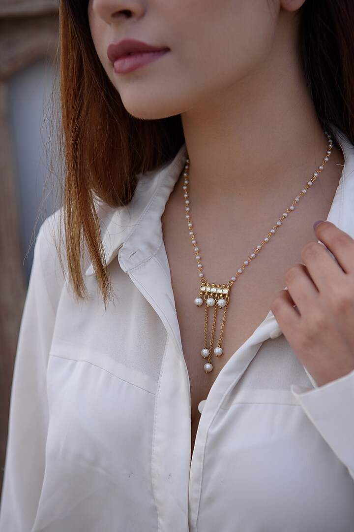 Gold Plated Kundan Polki & Pearl Pendant Necklace by Do Taara at Pernia's Pop Up Shop