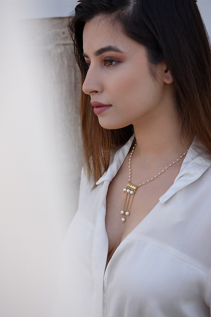 Gold Plated Kundan Polki & Pearl Pendant Necklace by Do Taara at Pernia's Pop Up Shop