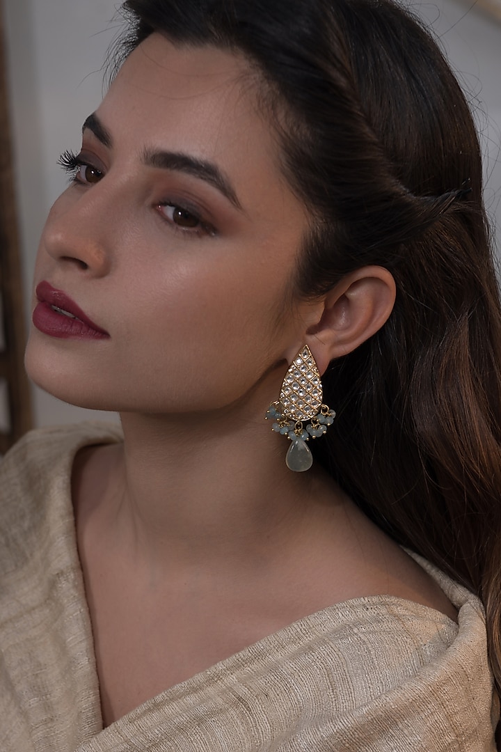Gold Plated Kundan Polki & Fluorite Stone Dangler Earrings by Do Taara at Pernia's Pop Up Shop