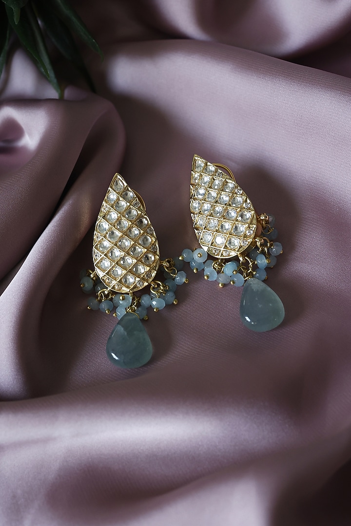 Gold Plated Kundan Polki & Fluorite Stone Dangler Earrings by Do Taara at Pernia's Pop Up Shop