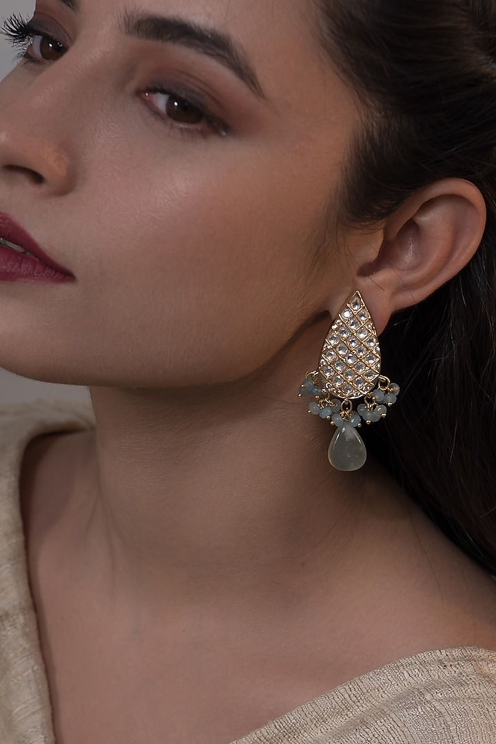 Gold Plated Kundan Polki & Fluorite Stone Dangler Earrings by Do Taara at Pernia's Pop Up Shop