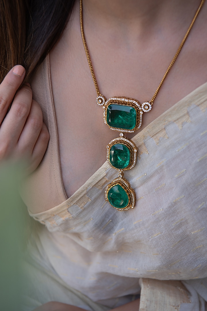 Gold Plated Green Swarovski Stone & Cubic Zirconia Necklace by Do Taara at Pernia's Pop Up Shop
