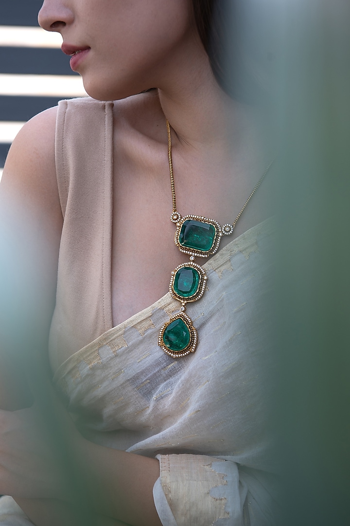 Gold Plated Green Swarovski Stone & Cubic Zirconia Necklace by Do Taara at Pernia's Pop Up Shop
