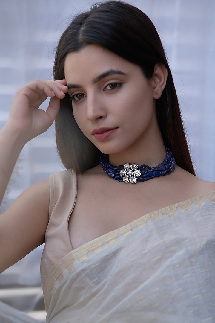 Two-Tone Finish Kundan Polki & Lapis Lazuli Choker Necklace by Do Taara at Pernia's Pop Up Shop