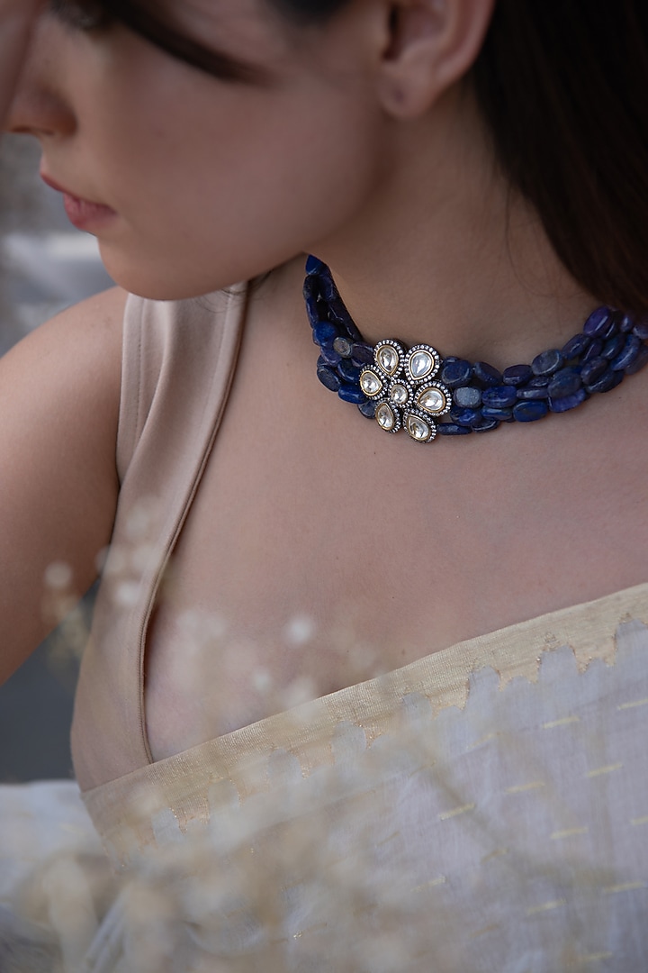 Two-Tone Finish Kundan Polki & Lapis Lazuli Choker Necklace by Do Taara at Pernia's Pop Up Shop