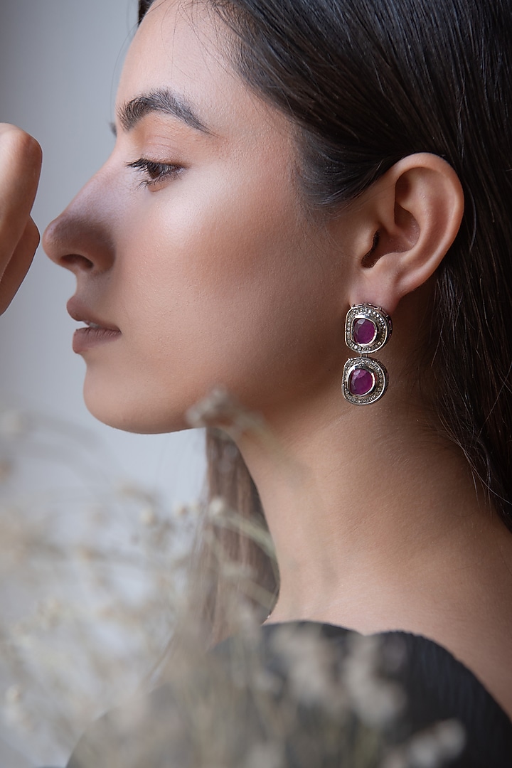 White Rhodium Finish Natural Stone & Cubic Zirconia Enamelled Dangler Earrings by Do Taara at Pernia's Pop Up Shop