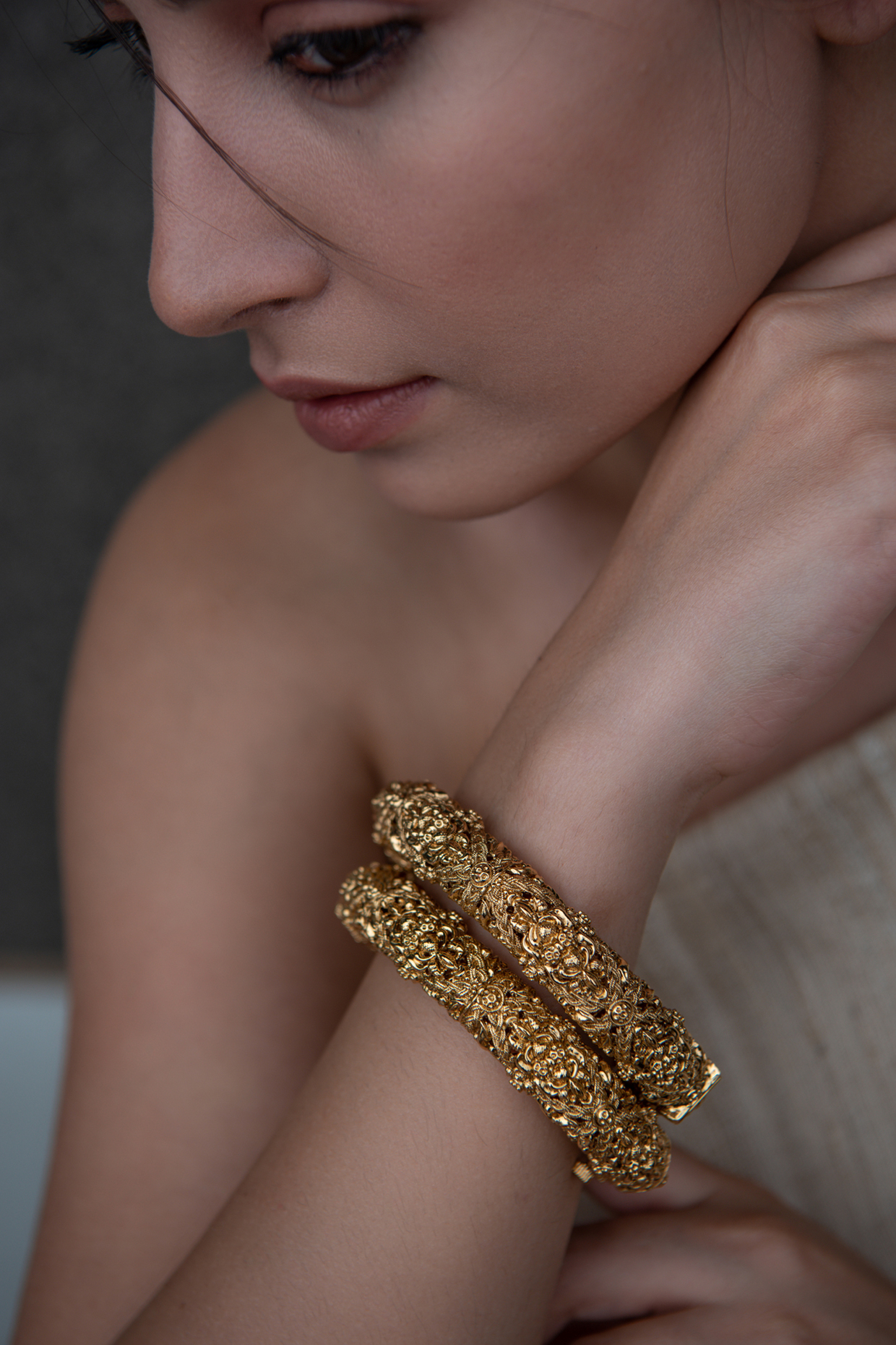 Gold Plated Motif Temple Bangles (Set of 2) by Do Taara at Pernia's Pop Up Shop