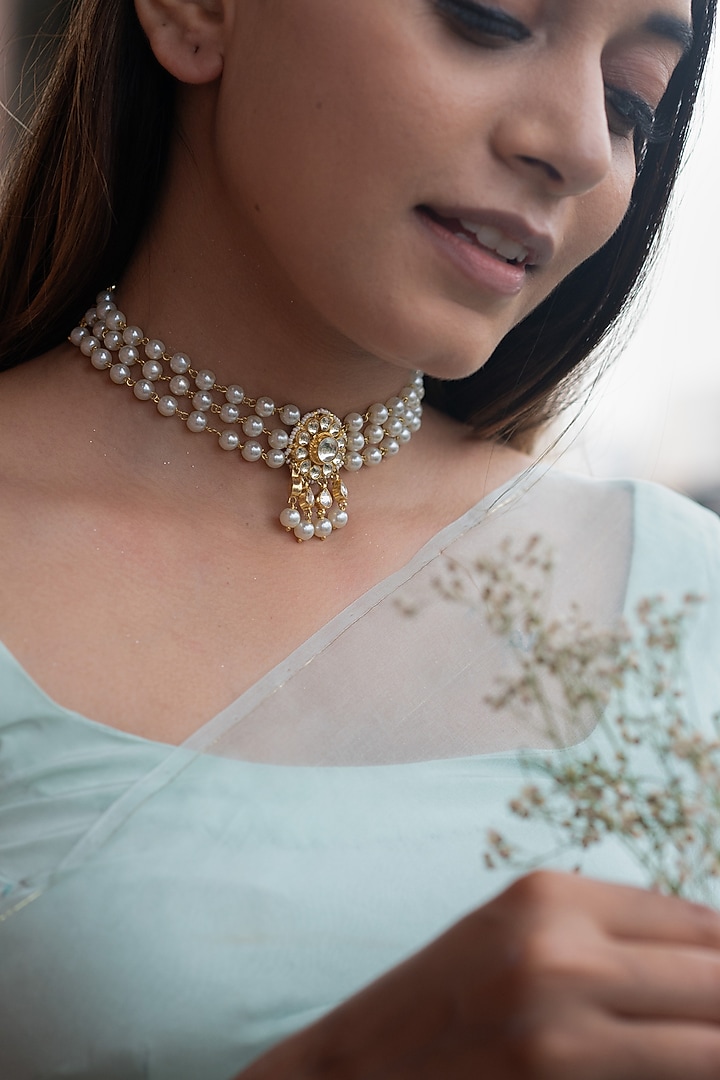 Gold Plated Kundan Polki & Pearl Choker Necklace by Do Taara at Pernia's Pop Up Shop