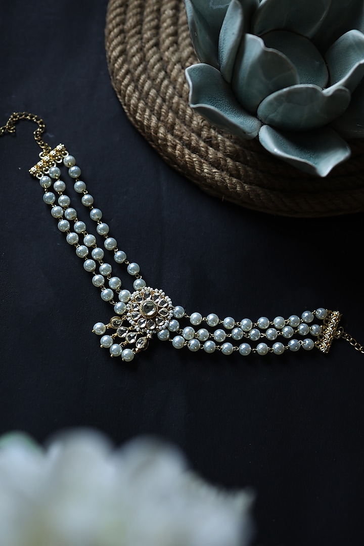 Gold Plated Kundan Polki & Pearl Choker Necklace by Do Taara at Pernia's Pop Up Shop