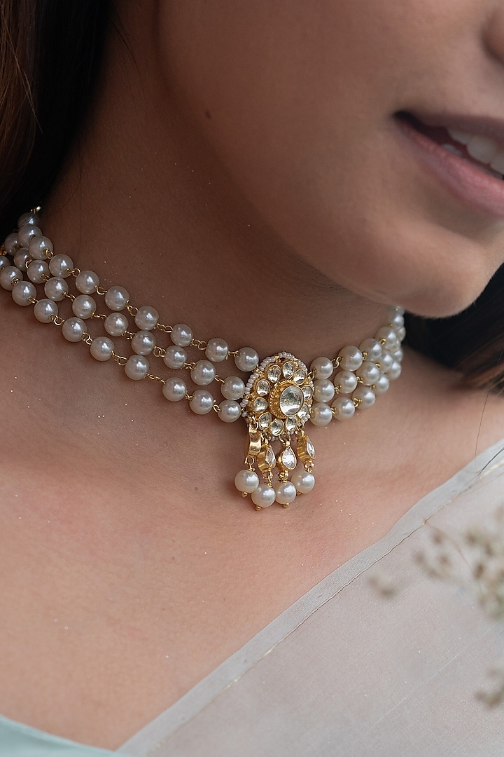 Gold Plated Kundan Polki & Pearl Choker Necklace by Do Taara at Pernia's Pop Up Shop