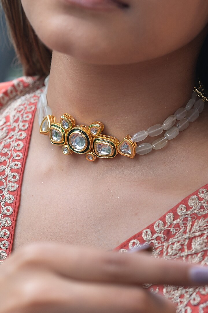 Gold Plated Kundan Polki & Uncut Stone Choker Necklace by Do Taara at Pernia's Pop Up Shop