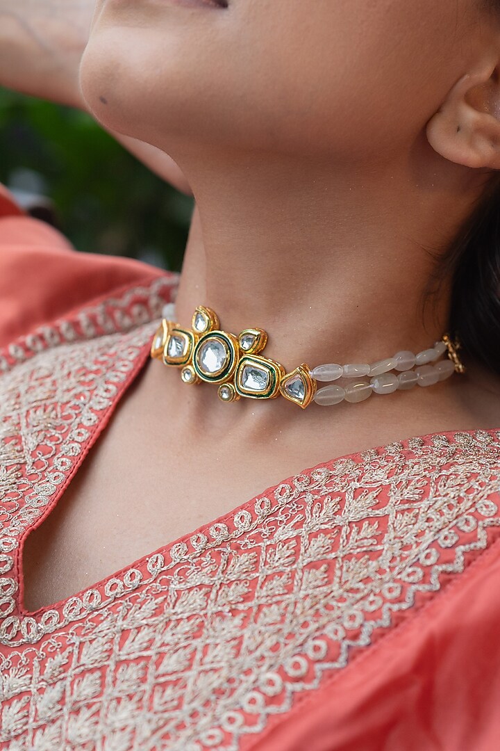 Gold Plated Kundan Polki & Uncut Stone Choker Necklace by Do Taara at Pernia's Pop Up Shop