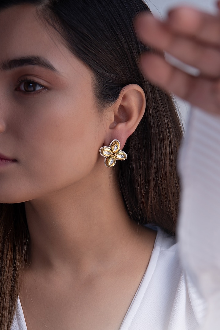Gold Plated Kundan Polki & Pearl Stud Earrings by Do Taara at Pernia's Pop Up Shop