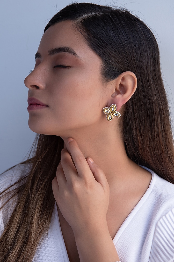 Gold Plated Kundan Polki & Pearl Stud Earrings by Do Taara at Pernia's Pop Up Shop