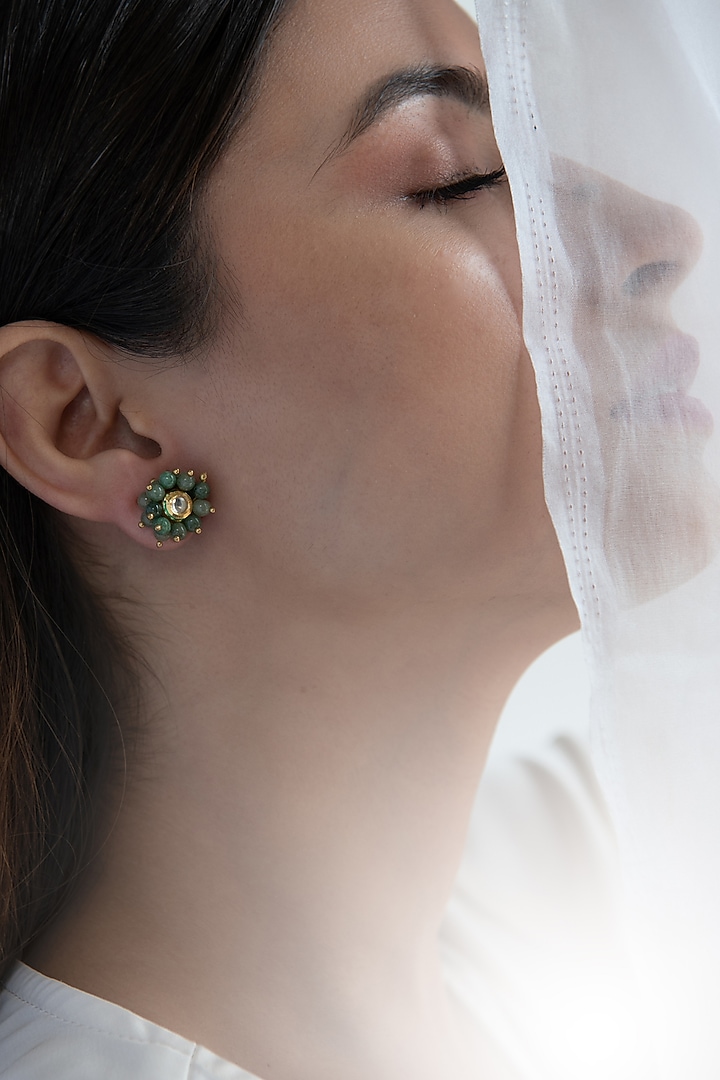 Gold Plated Kundan Polki & Green Beaded Stud Earrings by Do Taara at Pernia's Pop Up Shop