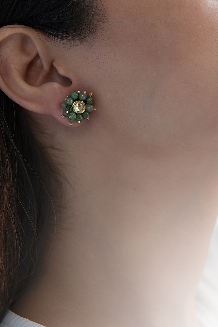 Gold Plated Kundan Polki & Green Beaded Stud Earrings by Do Taara at Pernia's Pop Up Shop