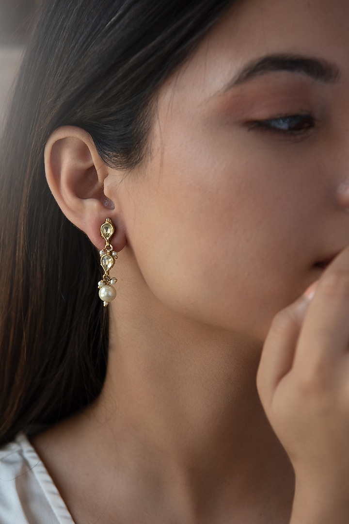 Gold Plated Kundan Polki & Pearl Dangler Earrings by Do Taara at Pernia's Pop Up Shop