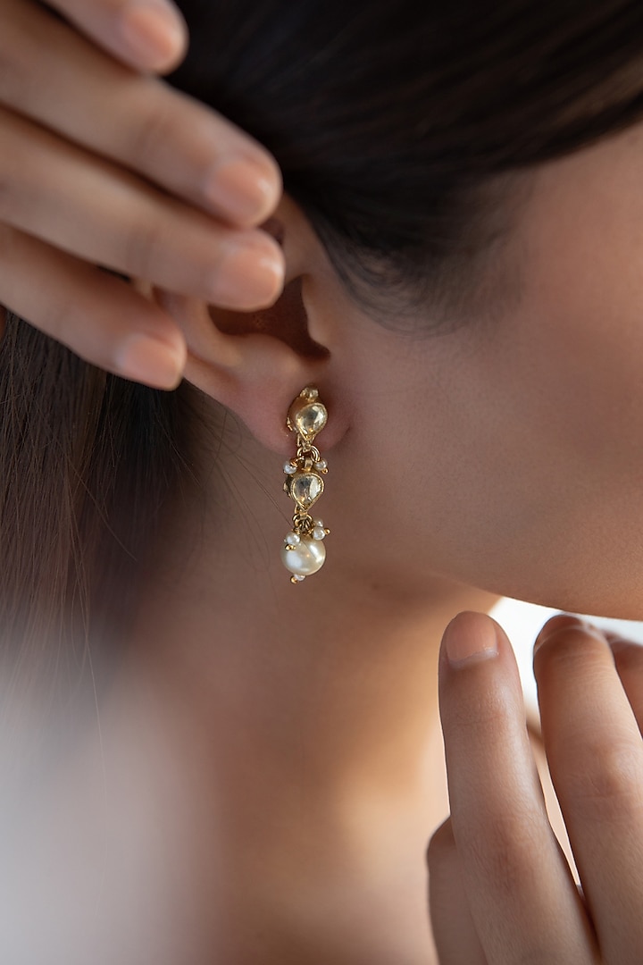 Gold Plated Kundan Polki & Pearl Dangler Earrings by Do Taara at Pernia's Pop Up Shop