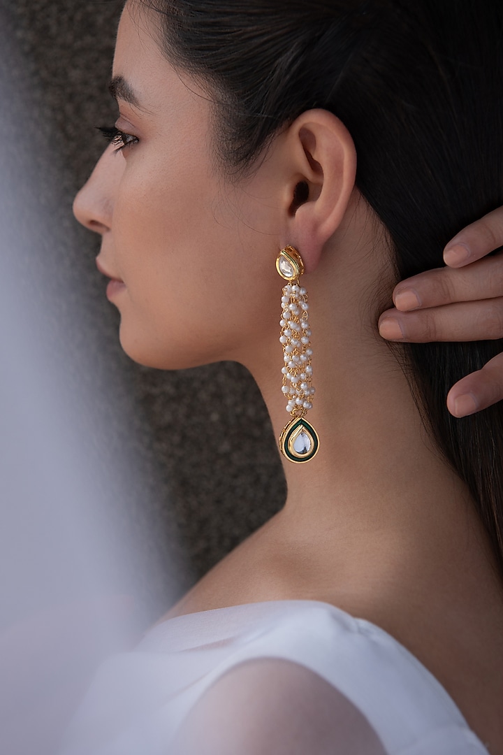 Gold Plated Kundan Polki & Pearl Dangler Earrings by Do Taara at Pernia's Pop Up Shop