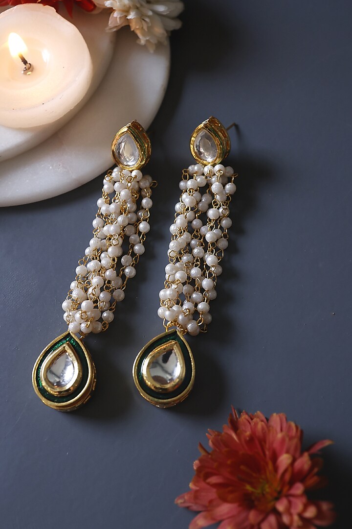Gold Plated Kundan Polki & Pearl Dangler Earrings by Do Taara at Pernia's Pop Up Shop