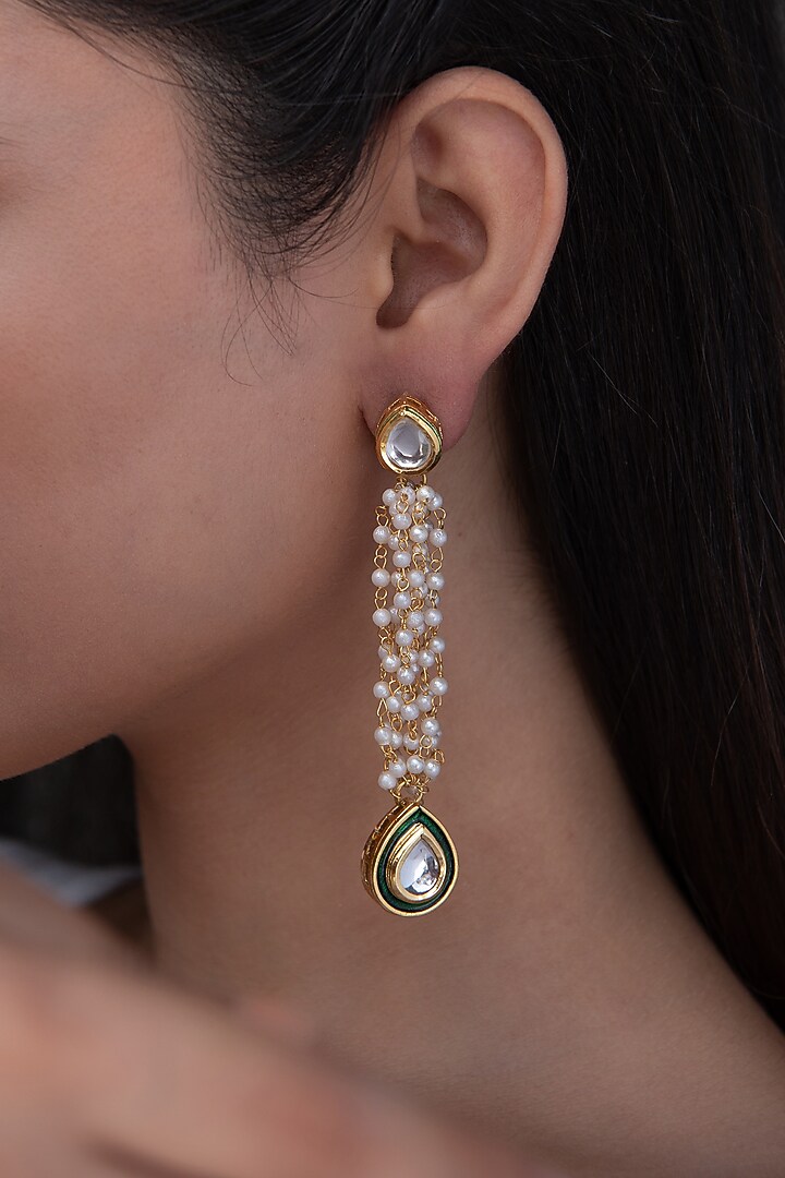 Gold Plated Kundan Polki & Pearl Dangler Earrings by Do Taara at Pernia's Pop Up Shop