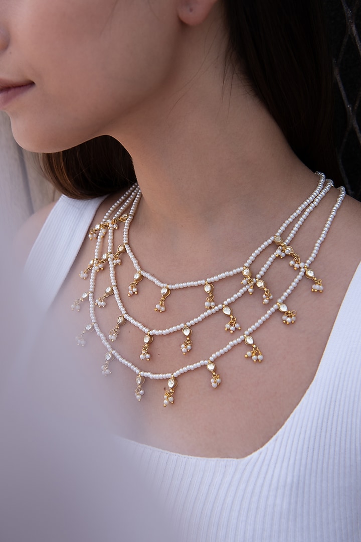 Gold Plated Kundan Polki & Pearl Layered Necklace by Do Taara at Pernia's Pop Up Shop
