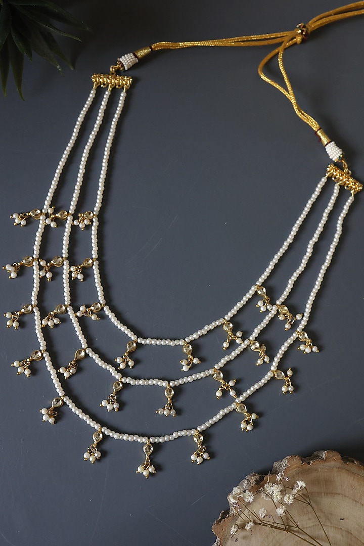 Gold Plated Kundan Polki & Pearl Layered Necklace by Do Taara at Pernia's Pop Up Shop