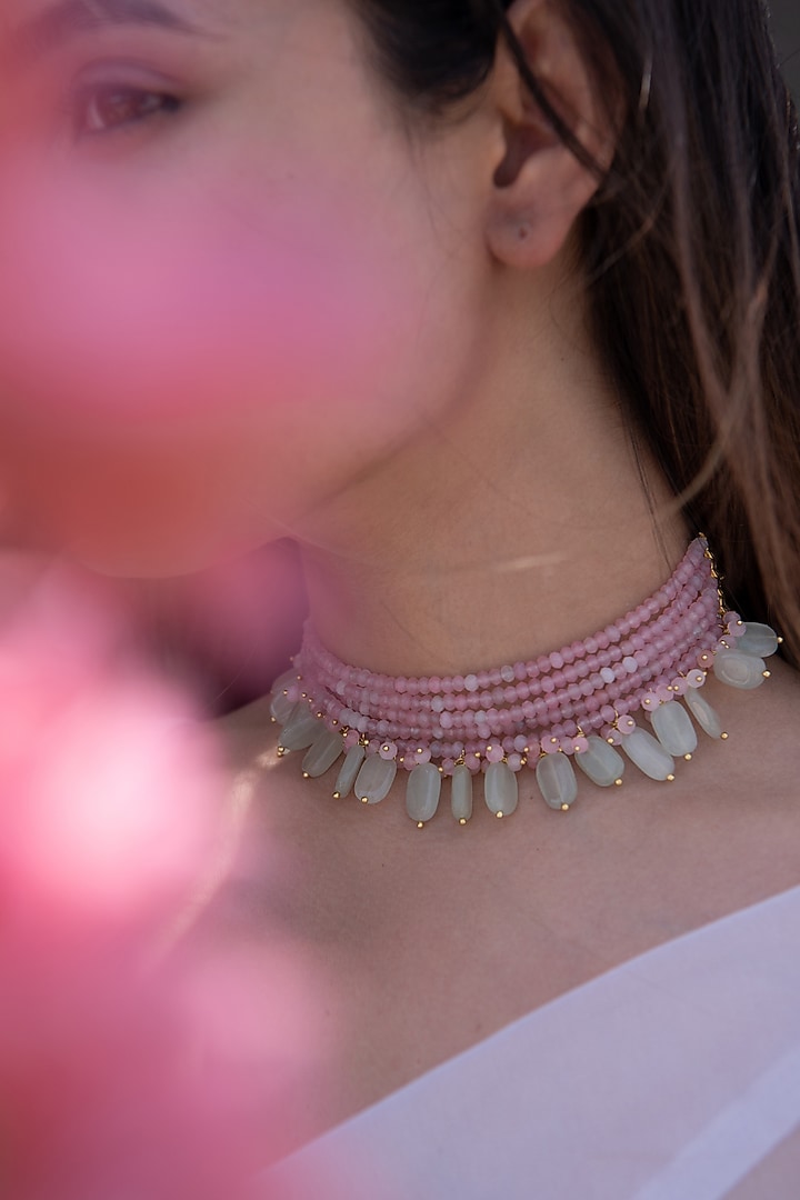 Gold Plated Mint Natural Stone & Pink Onyx Choker Necklace by Do Taara at Pernia's Pop Up Shop
