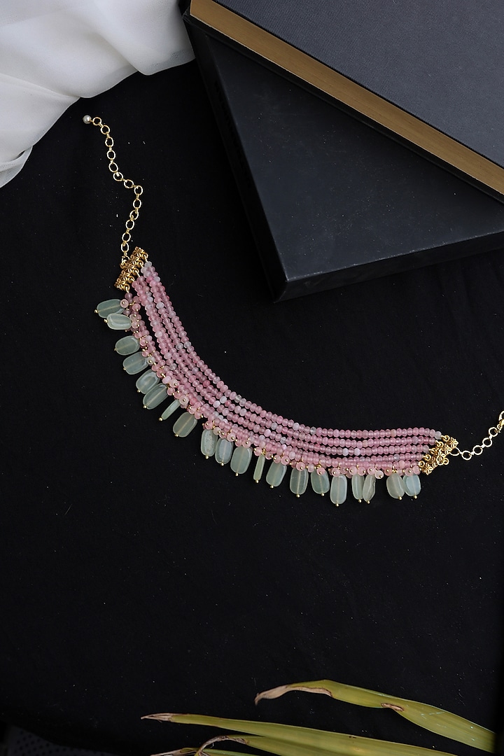 Gold Plated Mint Natural Stone & Pink Onyx Choker Necklace by Do Taara at Pernia's Pop Up Shop