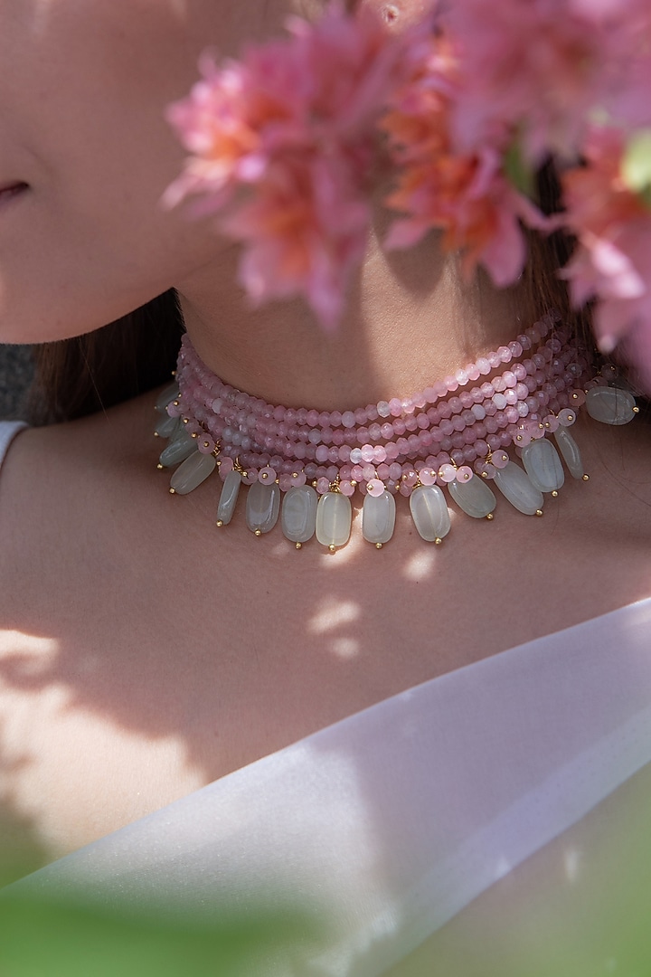 Gold Plated Mint Natural Stone & Pink Onyx Choker Necklace by Do Taara at Pernia's Pop Up Shop