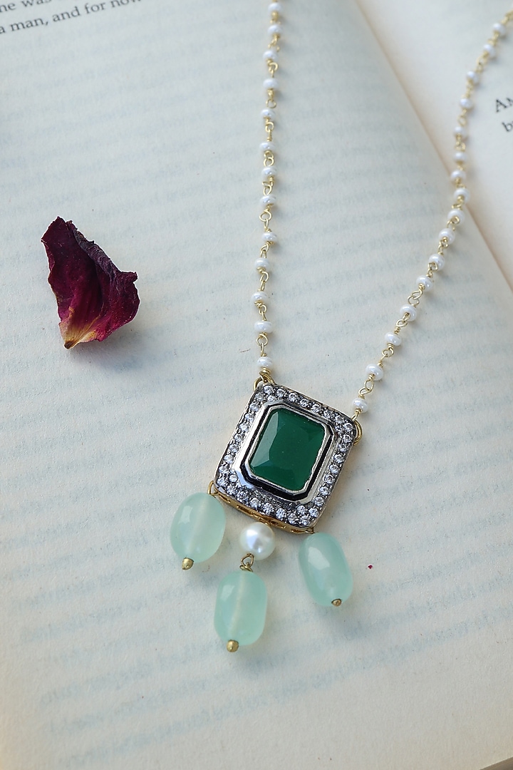 Gold Plated Green Stone & Faux Diamond Necklace by Do Taara at Pernia's Pop Up Shop