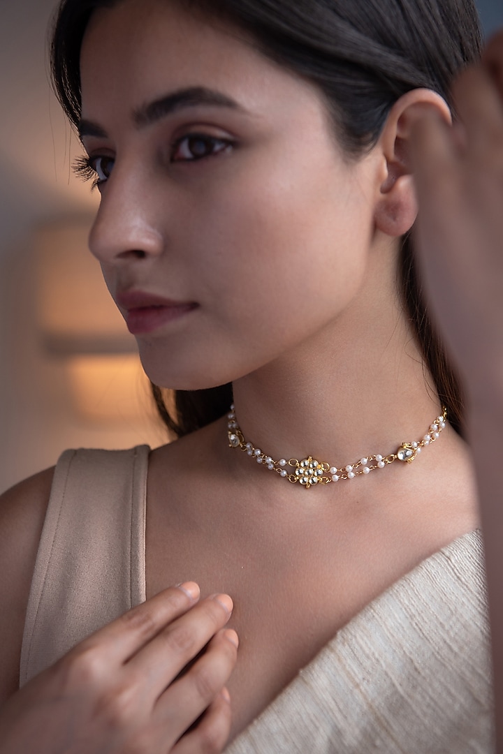 Gold Plated Kundan Polki & Pearl Choker Necklace by Do Taara at Pernia's Pop Up Shop