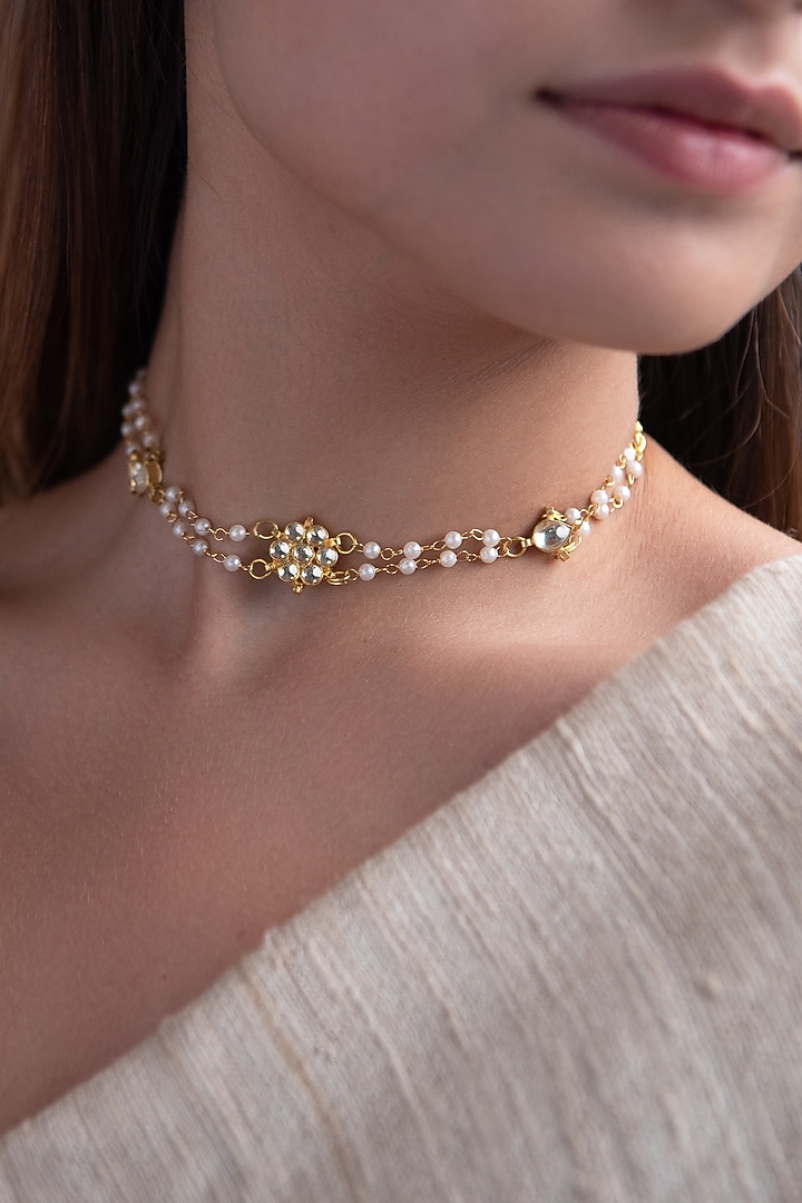 Gold Plated Kundan Polki & Pearl Choker Necklace by Do Taara at Pernia's Pop Up Shop