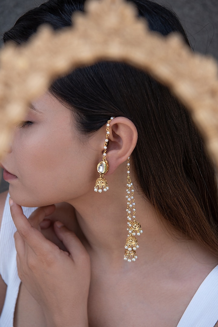 Gold Plated Kundan Polki & Pearl Jhumka Earrings by Do Taara at Pernia's Pop Up Shop