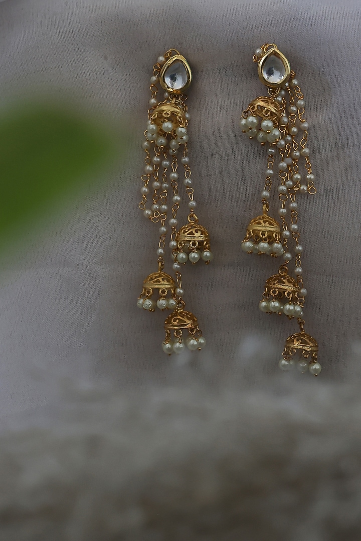 Gold Plated Kundan Polki & Pearl Jhumka Earrings by Do Taara at Pernia's Pop Up Shop