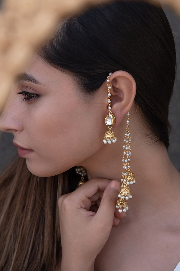 Gold Plated Kundan Polki & Pearl Jhumka Earrings by Do Taara at Pernia's Pop Up Shop