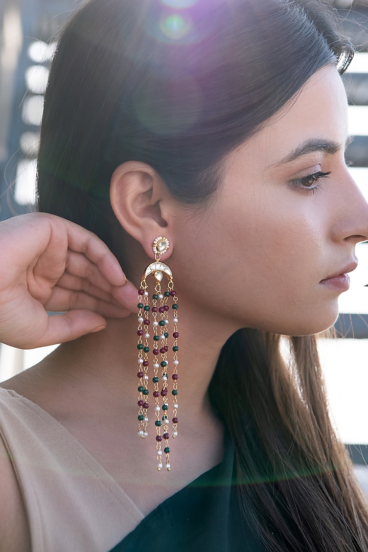 Gold Plated Kundan Polki & Onyx Stud Earrings by Do Taara at Pernia's Pop Up Shop