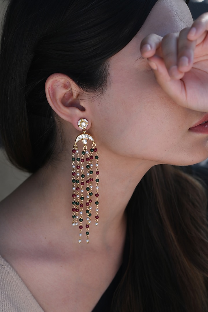Gold Plated Kundan Polki & Onyx Stud Earrings by Do Taara at Pernia's Pop Up Shop