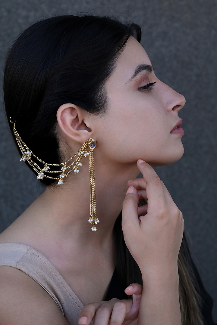 Gold Plated Pearl Dangler Earrings by Do Taara at Pernia's Pop Up Shop