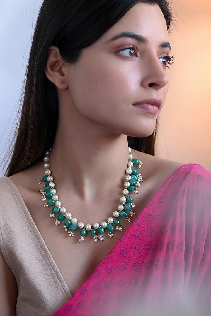 Gold Plated Natural Stone & Pearl Necklace by Do Taara at Pernia's Pop Up Shop