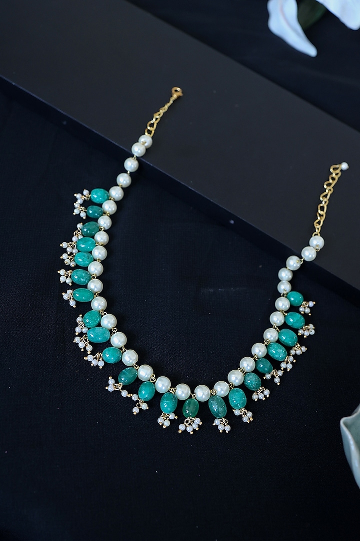 Gold Plated Natural Stone & Pearl Necklace by Do Taara at Pernia's Pop Up Shop