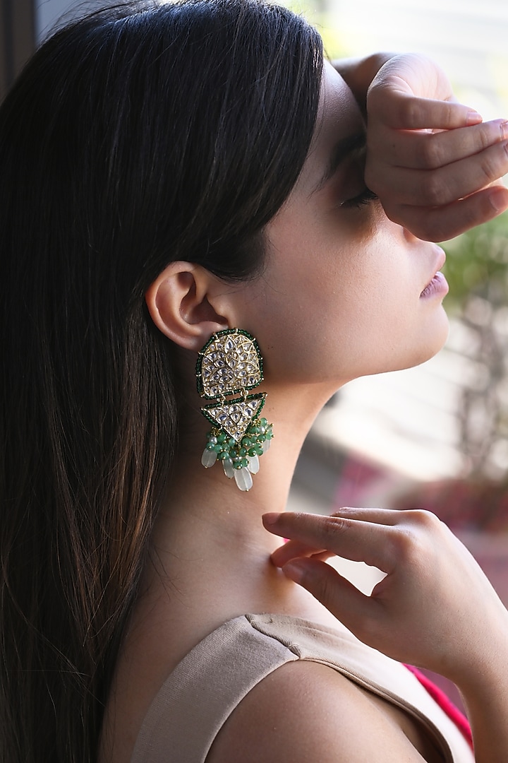 Gold Plated Kundan Polki & Natural Stone Dangler Earrings by Do Taara at Pernia's Pop Up Shop