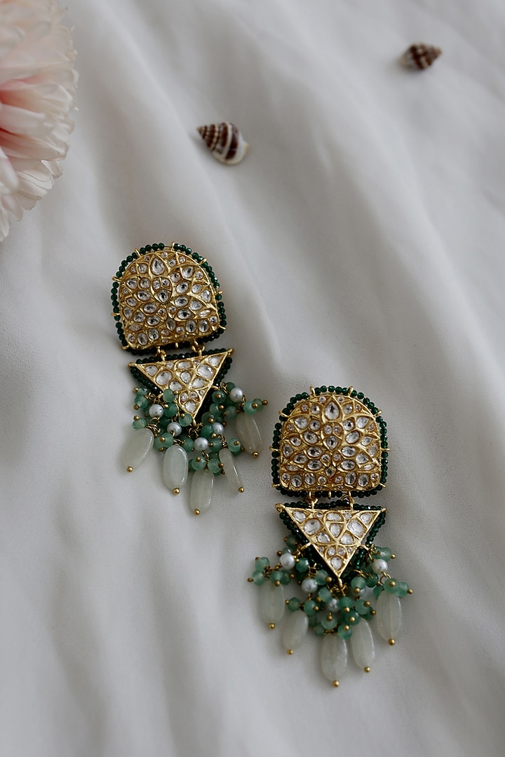 Gold Plated Kundan Polki & Natural Stone Dangler Earrings by Do Taara at Pernia's Pop Up Shop