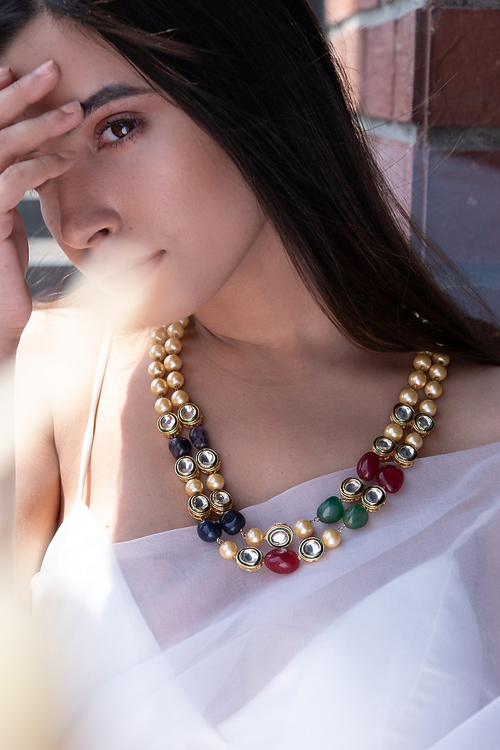Gold Plated Kundan Polki & Natural Stone Necklace by Do Taara at Pernia's Pop Up Shop