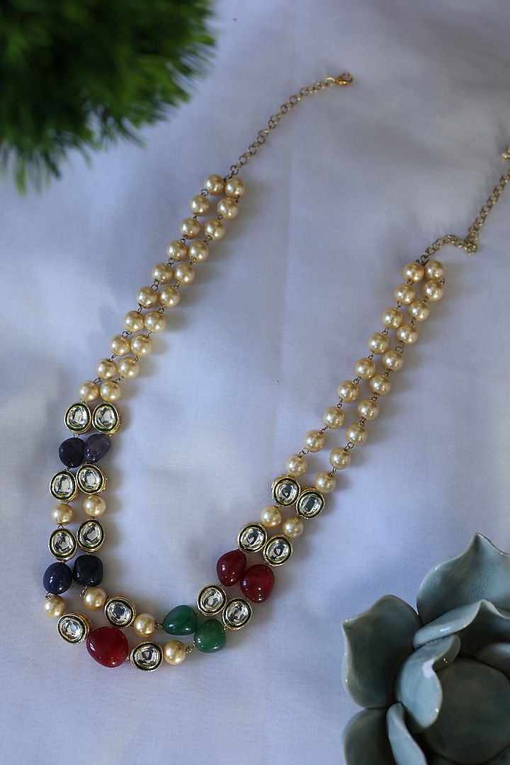 Gold Plated Kundan Polki & Natural Stone Necklace by Do Taara at Pernia's Pop Up Shop