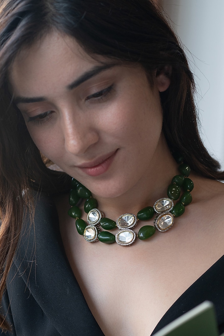 White Rhodium Finish Kundan Polki & Green Agate Necklace by Do Taara at Pernia's Pop Up Shop
