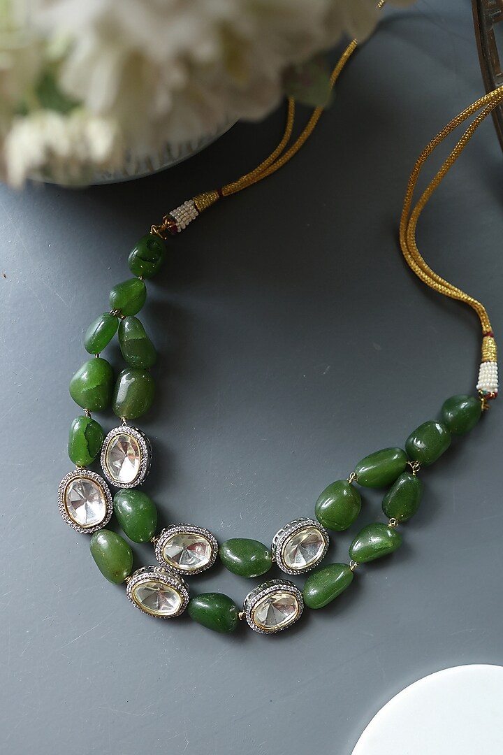 White Rhodium Finish Kundan Polki & Green Agate Necklace by Do Taara at Pernia's Pop Up Shop