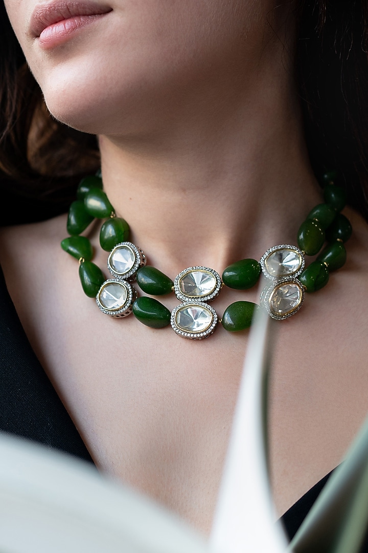 White Rhodium Finish Kundan Polki & Green Agate Necklace by Do Taara at Pernia's Pop Up Shop