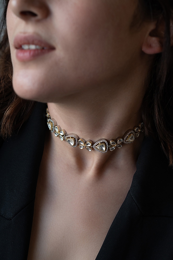 White Rhodium Finish Kundan Polki & Cubic Zirconia Necklace by Do Taara at Pernia's Pop Up Shop