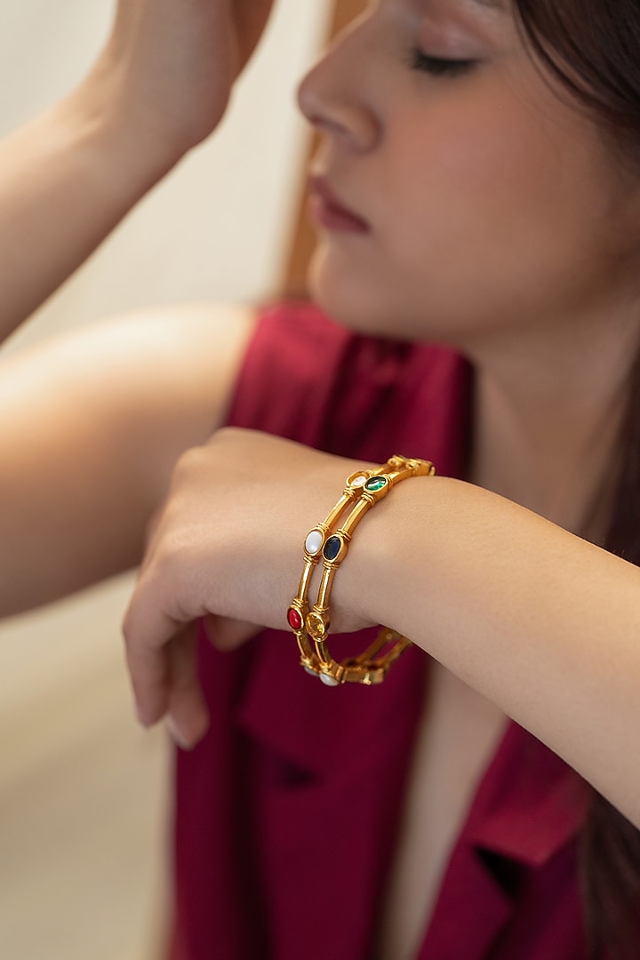 Gold Plated Multi-Colored Natural Stones Bangles (Set Of 2) by Do Taara at Pernia's Pop Up Shop